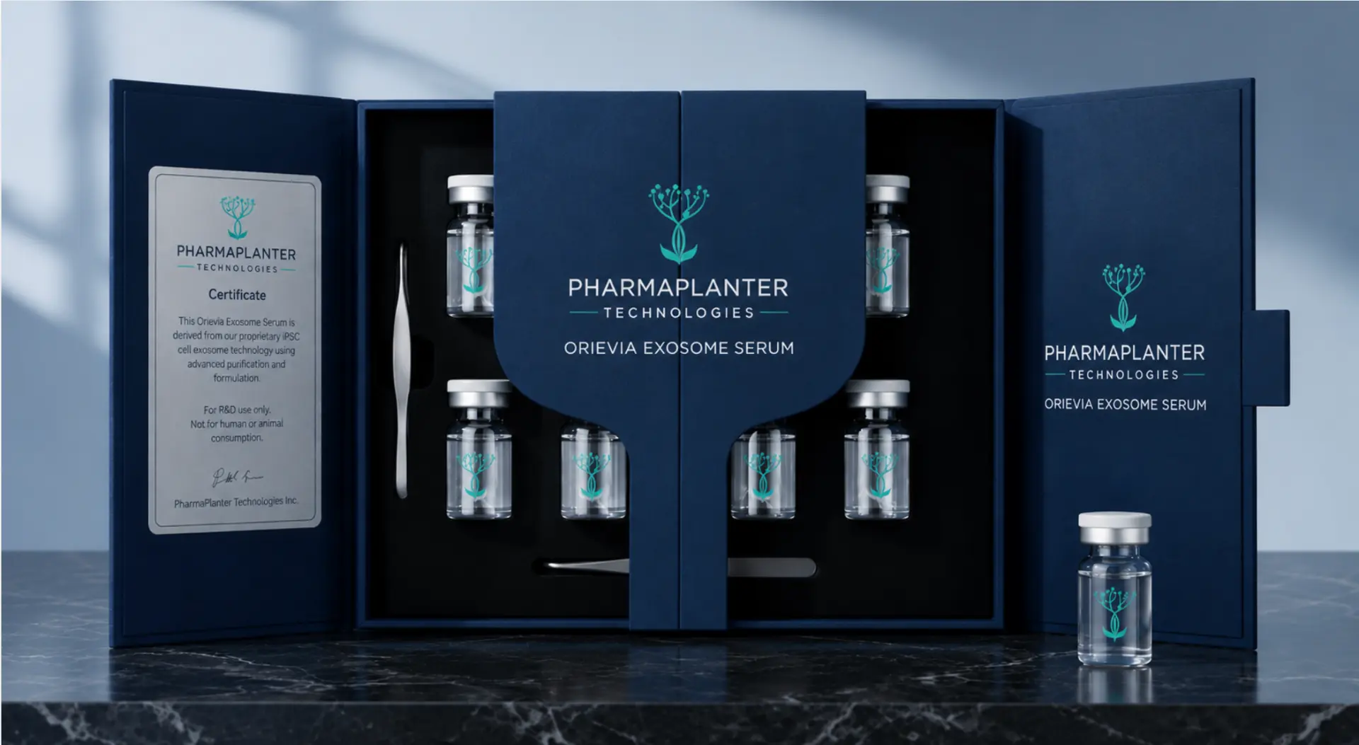 ORIEVIA Exosome Serum 深蓝色礼盒、金盖安瓿瓶与 PharmaPlanter Technologies 真品认证卡