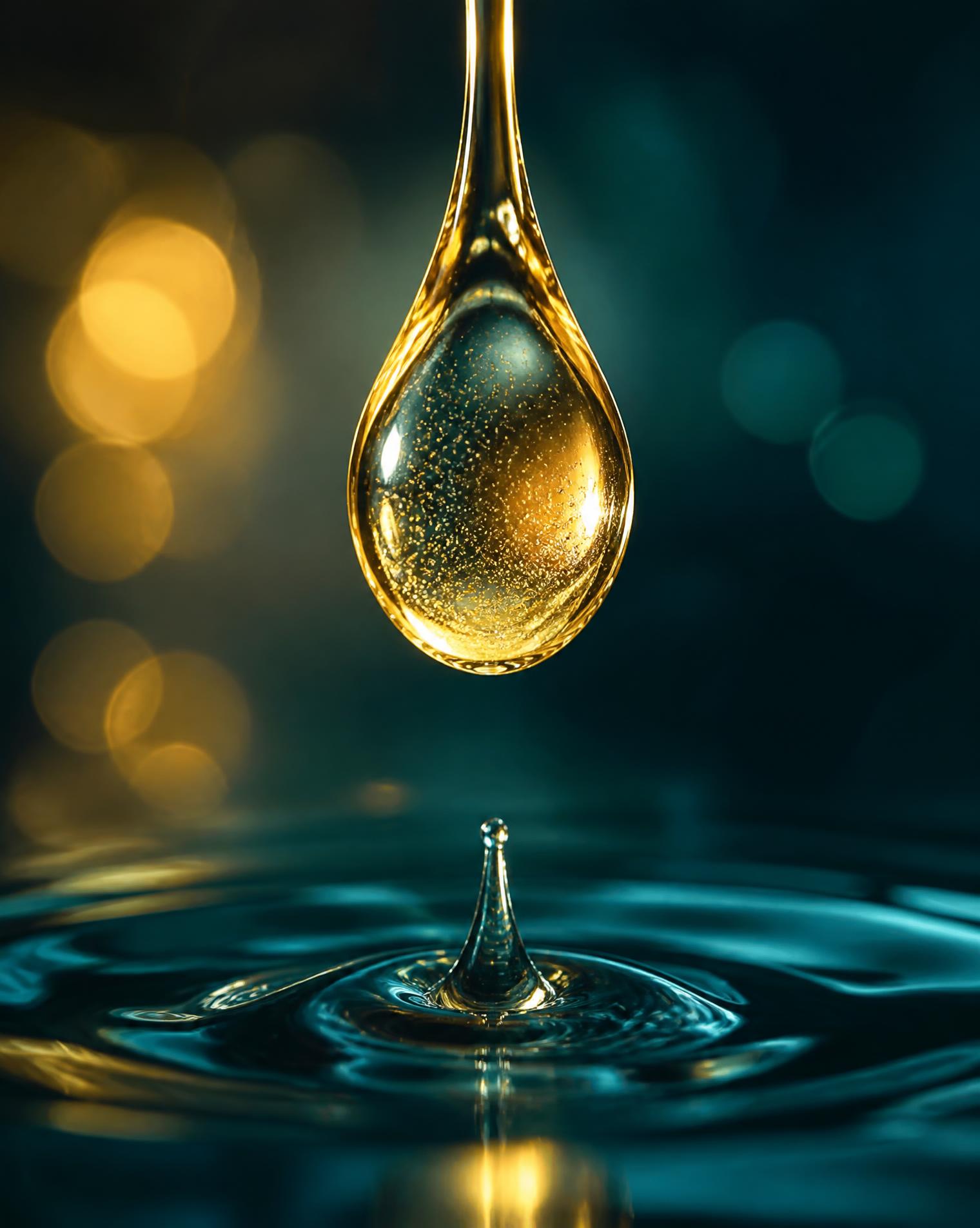 悬于深色水面之上的金色精华液滴特写